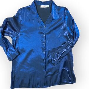 Joanna Plus Womens 2X Blue Shimmer Metallic Button Front Blouse Long Sleeve Top